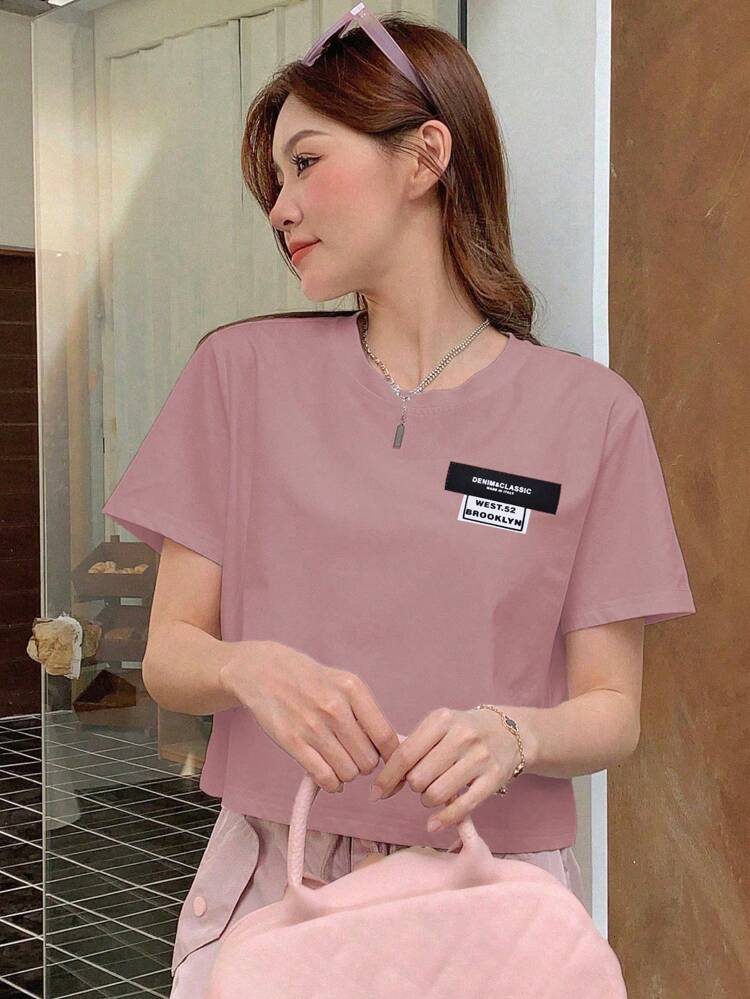 Summer Casual Patchwork Round Neck Short Sleeve Cropped T-Shirt Preppy Tops