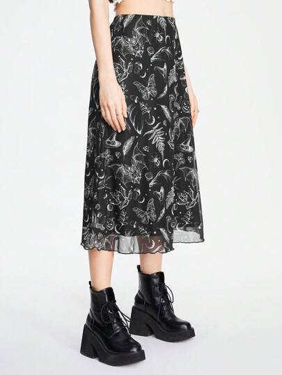 Fairycore Jupe punk pour femmes A-Ligne imprimée style sombre chauve-souris, crâne, lune et citrouille