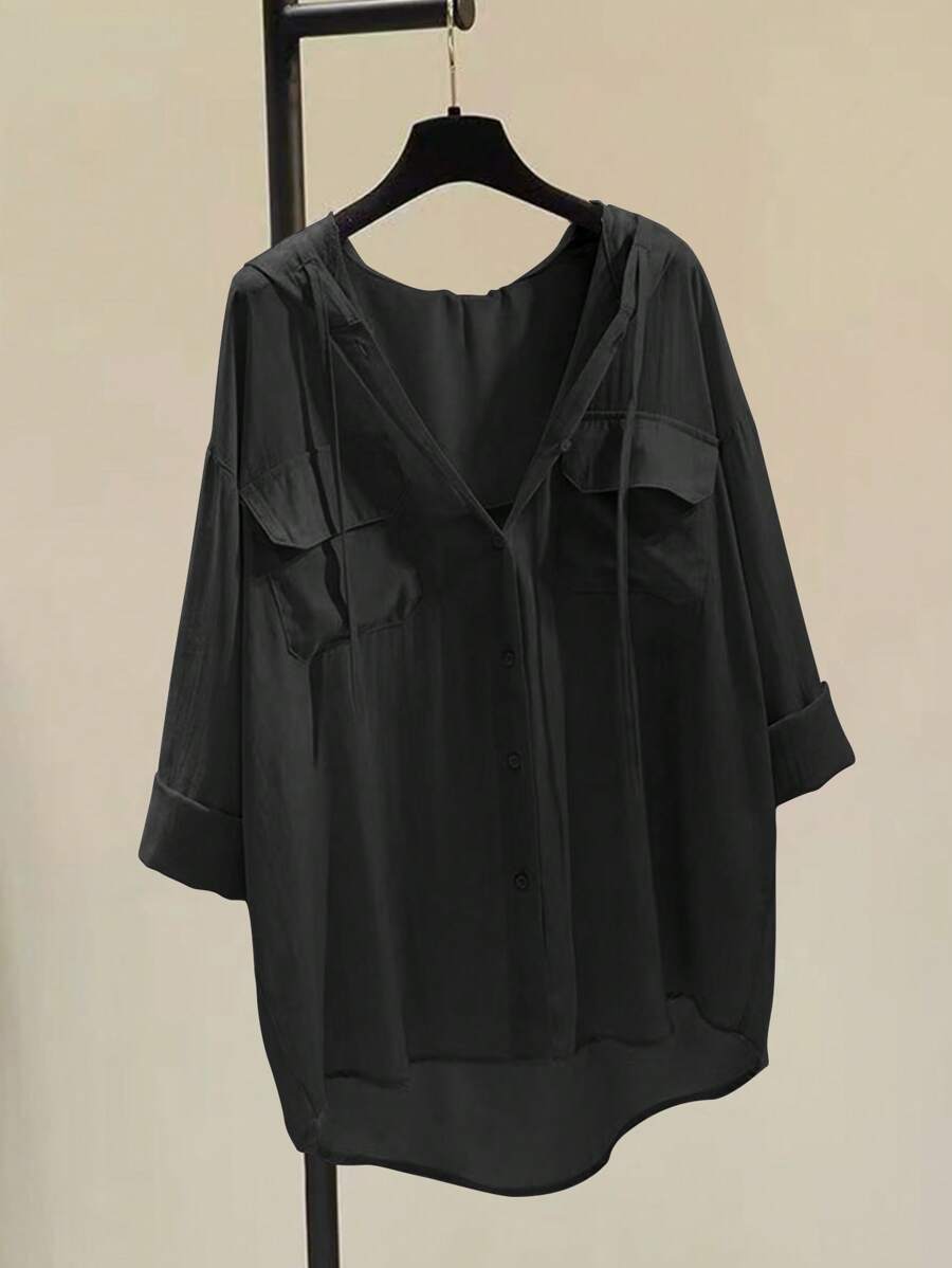 INAWLY Plus Size Nữ Mùa Hè Màu Trơn Quần Áo Bảo Hộ Lao Động Có Mũ Trùm Đầu Sơ Mi Tay Rớt Vai - màu đen - Xem 1
