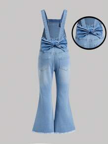 SHEIN Overol de mezclilla azul lavado con campana y decoración de moño para niña joven casual - Lavado ligero - Ver 1