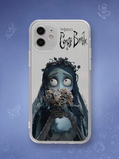 Corpse Bride | ROMWE 1pc Transparent TPU Case With Figure And Bouquet Print, Compatible With Multiple IPhone Models