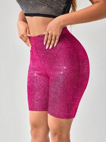 SHEIN SXY Fall Clothes Lift Buttocks High Waist Glitter Biker Shorts - Hot Pink - View 4