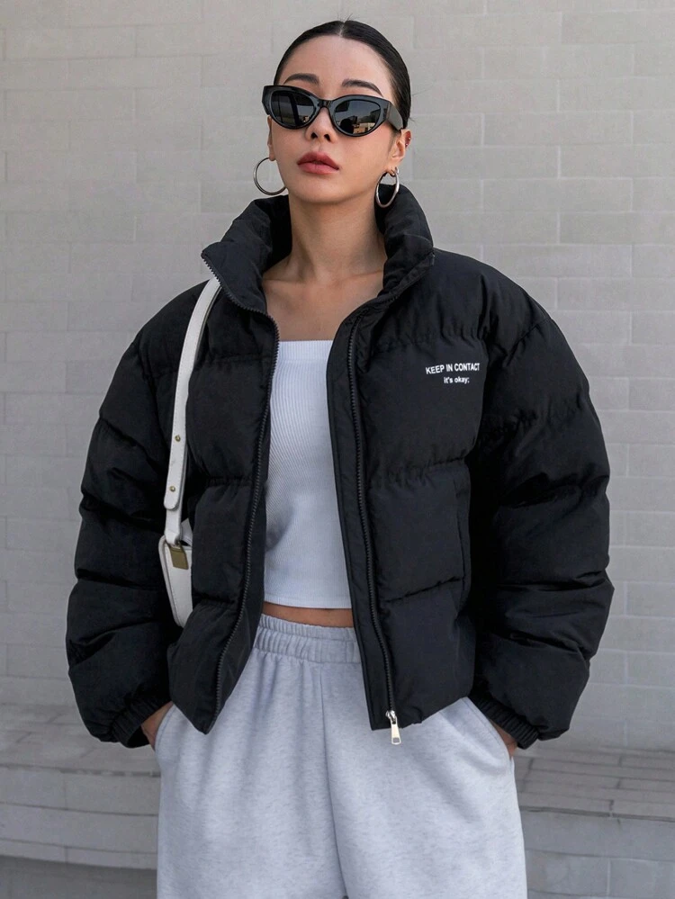 Women Short Padded Coat With Letter Print, Winter Women Clothes, Padded Coat Women Jacket