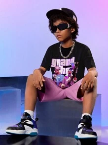 SHEIN Explorewe Tween Boys' Letter Slogan & Portrait Printed Short Sleeve Shirt And Utility Shorts Streetwear Fashion Summer Outfit - Black - View 5