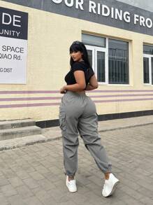 POPSWAY Plus Size Casual Solid Color Multi-Pocket Drawstring Trousers Cargo Pants