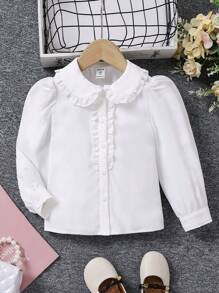 SHEIN 年輕女孩1件白色荷葉邊泡泡袖襯衫，返校季、大學風格、日常穿著 - 白色 - 查看 1