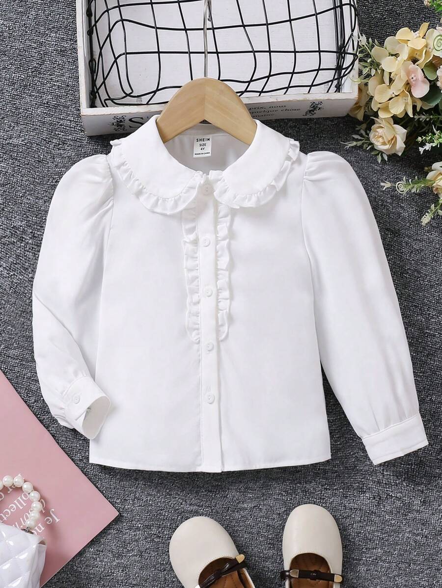 SHEIN 年輕女孩1件白色荷葉邊泡泡袖襯衫，返校季、大學風格、日常穿著 - 白色 - 查看 1