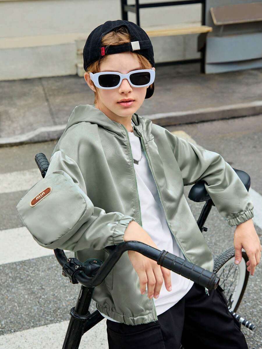 SHEIN 中學男生休閑多口袋夾克，有手臂袋，百搭外套 - 薄荷綠 - 查看 1