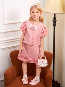 Young Girls Contrast Floral Appliques Mesh Puff Sleeve Bow Front Blouse & Skirt For Summer - Pink - View 1