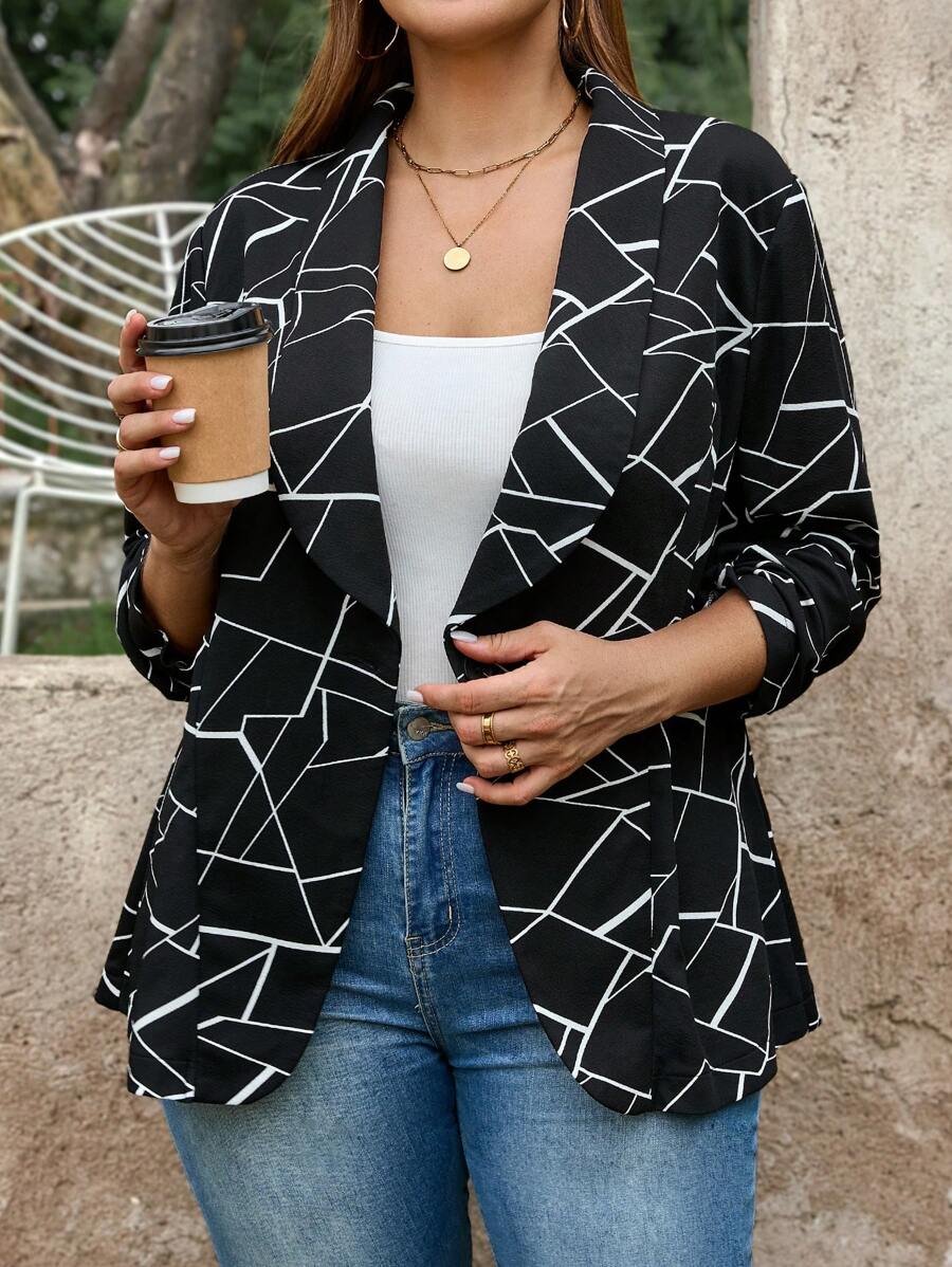 SHEIN LUNE Plus Size Spring/Fall Casual Geometric Printed Ruched Sleeve Blazer Winter Clothes Business Casual Woman Work Blazer Business Blazer - Black - View 1