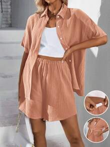 SHEIN 孕婦前扣短袖上衣和短褲套裝 - 咖啡棕 - 查看 1