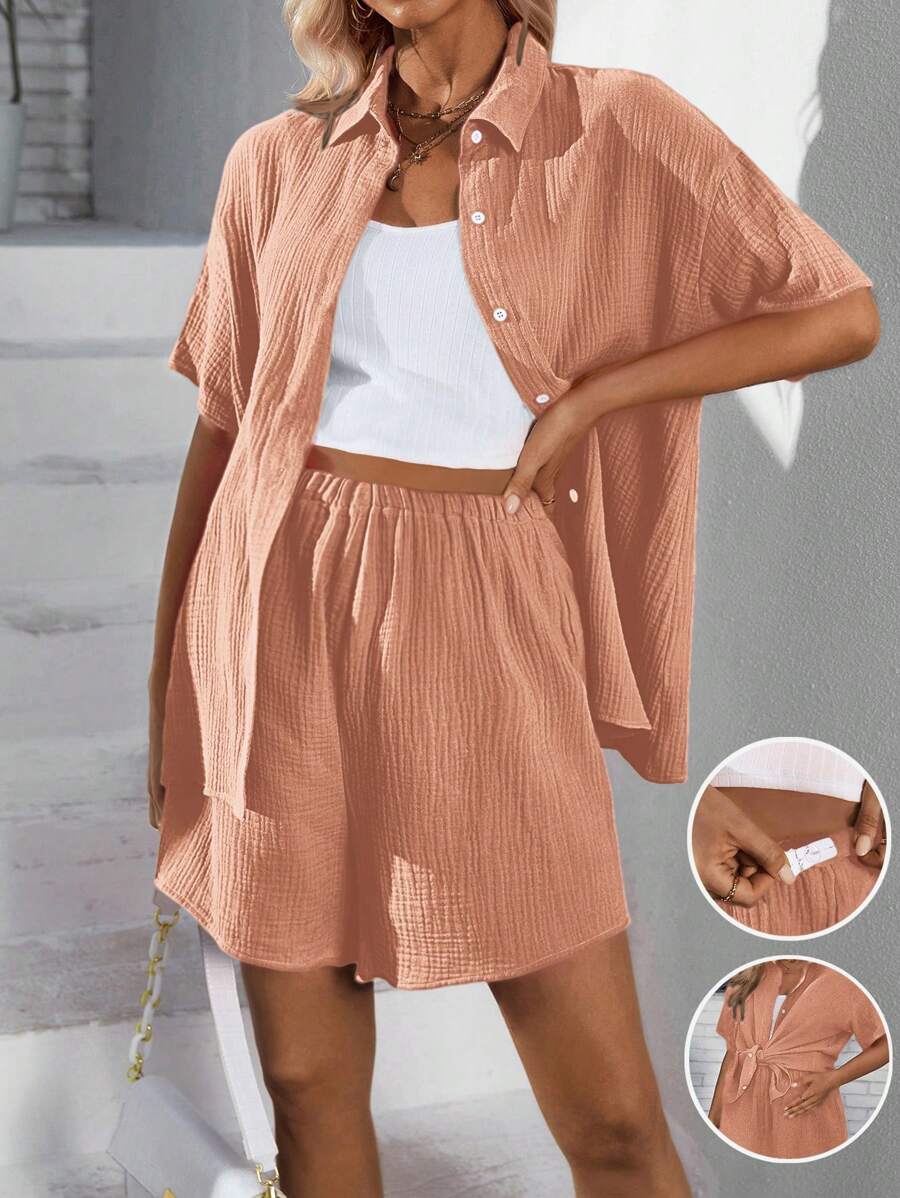 SHEIN 孕婦前扣短袖上衣和短褲套裝 - 咖啡棕 - 查看 1