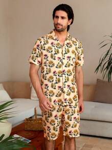 Manfinity ChillVibe Set Pakaian Rumahan Pria Lengan Pendek dan Celana Pendek Motif Bunga - MultiWarna - View 4