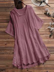 INAWLY Ladies' Hooded Drawstring Long Blouse, Solid Color, Great For Vacation And Casual Wear, Short Sleeve Tops - Rusty Rose - View 1