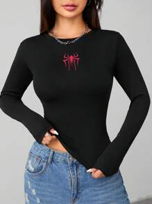 SHEIN PETITE Camiseta de manga larga de punto de alta elasticidad con gráfico de araña para mujer