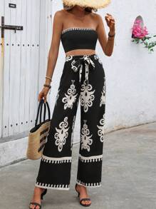 INAWLY Bộ áo quây và quần ống rộng ngày lễ phong cách Bohemian dành cho nữ - màu đen - Xem 5