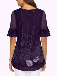 CheersLife 女士短袖束腰上衣 休闲宽松碎花衬衫 网纱褶皱叠层衬衫 夏季 - 紫色 - 查看 2