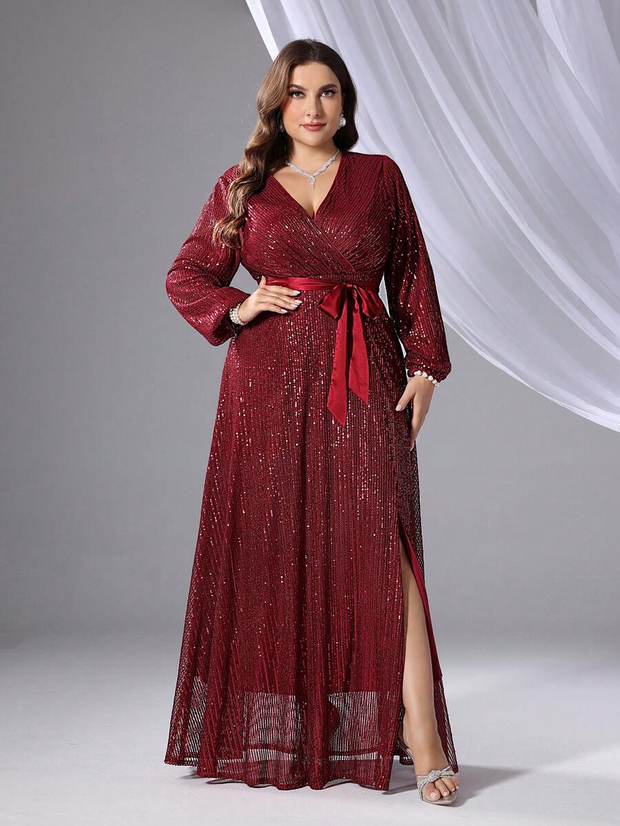 大码亮片高开叉晚礼服 - 酒紅色 - 查看 1