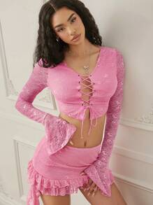 Hauture Áo crop top có tay ren ren cho nữ - Hồng - Xem 1