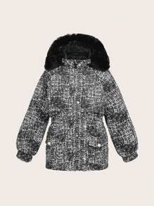 Tween Girls Allover Print Contrast Fluffy Fuzzy Trim Hooded Padded Coat - Black and White - View 6
