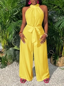 Slaydiva 綠色高領分腿連身褲，附口袋，度假風格 - 黃色 - 查看 3