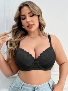 Romantic French Style Lace Comfortable Simple And Elegant Plus Size Bra With Underwire, 1pc Lingerie