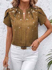 SHEIN Clasi 夏季休閒刺繡領口短袖襯衫 - 鏽棕色 - 查看 3