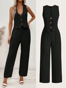 SHEIN Clasi Letnia kamizelka i spodnie w jednolitym kolorze z guzikami z przodu - Czarne - Zobacz 1