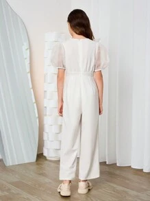 Elegant Round Neck Ruffle Trim Puff Sleeve Nine-Quarter Length Jumpsuit For Tween Girls - White - View 2