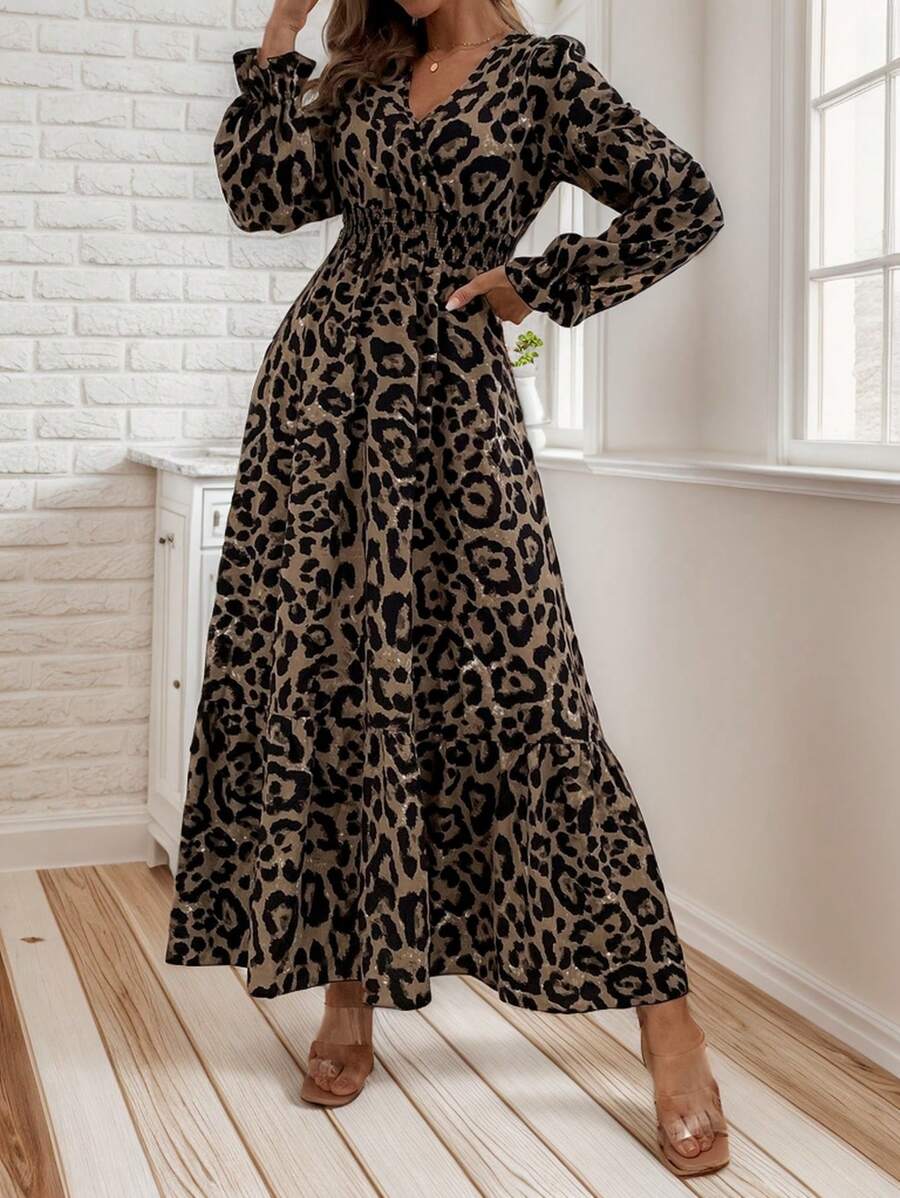 SHEIN LUNE Plus Size V Neck Leopard Print Dress With Ruched Hem And Flared Sleeves, Elegant And Stylish For Cocktail Party - Multicolor - View 1