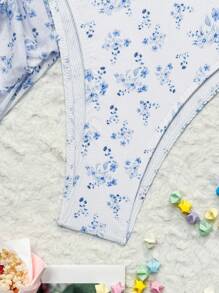 Swim Mod Summer Beach Floral Printed Spaghetti Strap Knot Bikini Set With Drawstring Skirt, 3pcs/Set In Random Print - Multicolor - View 4