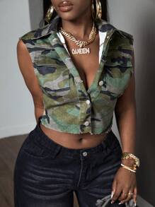 SHEIN Slayr Camo Print Button Front Crop Denim Vest - Army Green - View 4