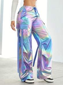 女士炫彩抽绳腰带翻盖口袋缎面细节阔腿降落伞工装裤