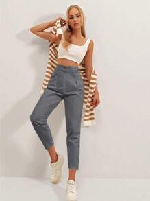 Cloudara Fold Pleated Detail Cropped Carrot Pants - Dark Grey - View 5