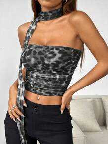 SHEIN EZwear Leopard Print Draped Strapless Ruched Women's Tube Top And Scarf