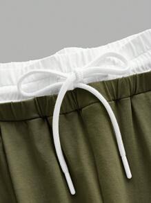 Coolane 女士時尚街頭風格色塊拼接套裝，春夏季，2合1背心加色塊褲 - 軍綠色 - 查看 9