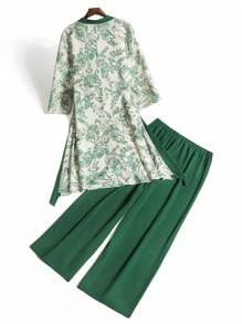 Mulvari Plus Size Flower Allover Print Patchwork Jacket And Bottom Two-Piece Set, Retro Casual Vintage Fashion Loose Set Spring Summer, Longline Modest Set