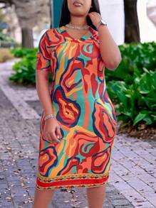 EMERY ROSE Plus Allover Print Bodycon Dress For Summer Vacation - Multicolor - View 5