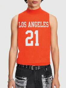 ROMWE MEN Street Life Men's Slogan Jacquard Vest, Daily Wear For Spring And Summer - Red - View 5