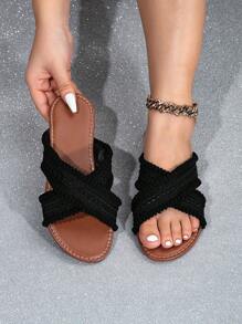 2024 New Arrival Summer Cross-Band Open Toe Wide Width Women's Black Sandals, Style