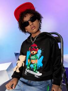 SHEIN Explorewe Boys' Hooded Knit Sweatshirt With Printed Design, Matching Doll Included - Black - View 3