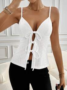 SHEIN Frenchy 夏季休閒實色空心刺繡綁帶背心