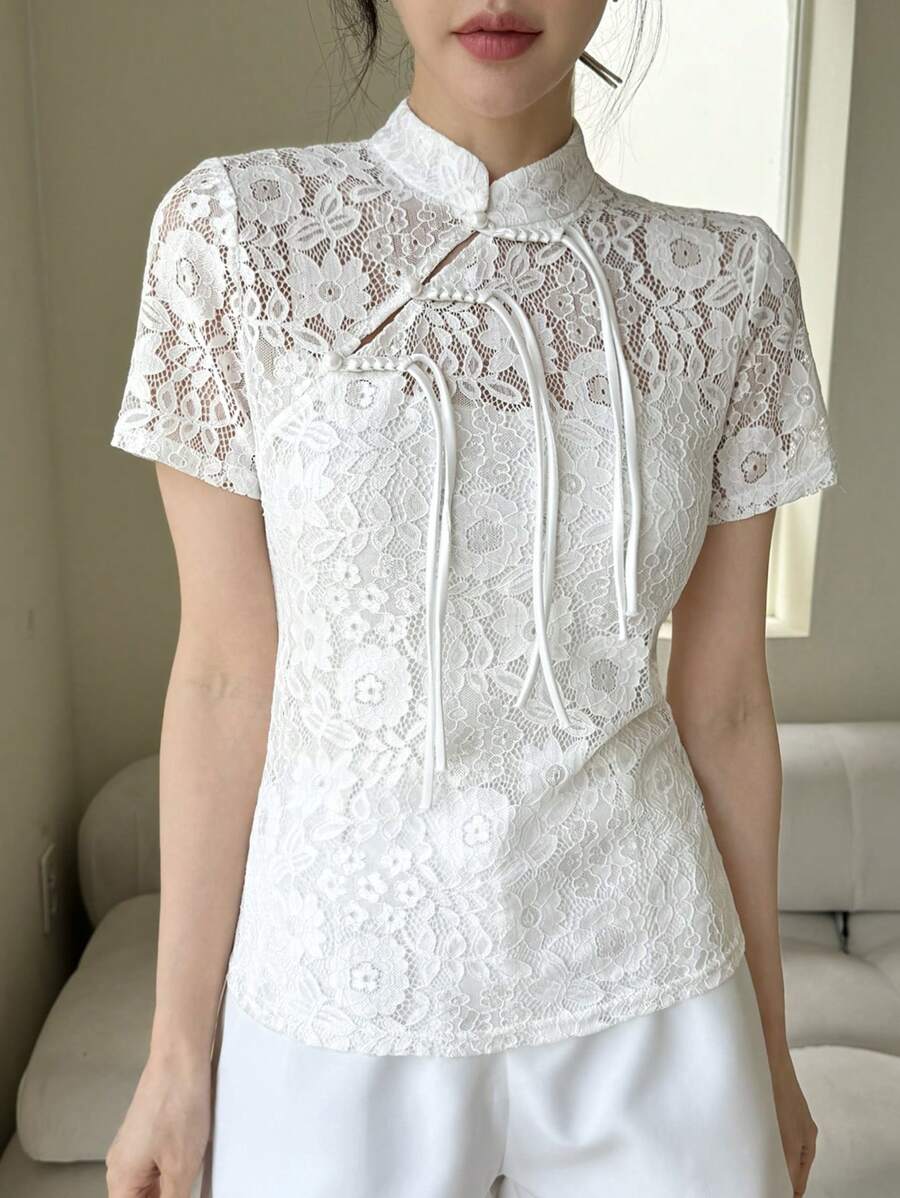 EastFlair Women's Solid Color Simple Lace Chinese Style Top For Daily Wear - White - View 1