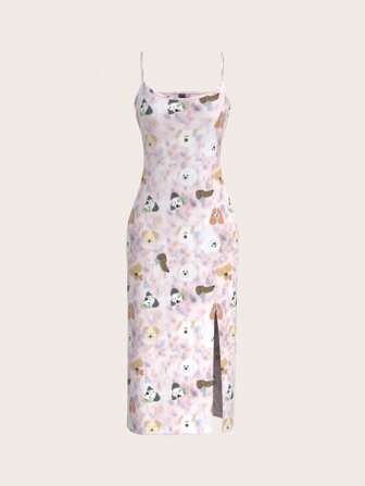 SHEINNeu 7 月 4 日女士、飘逸、塑身衣、秋季、白兰地、青少年服装、性感派对礼服、长裙、休闲、太阳裙、小狗、可爱、粉色、可爱印花