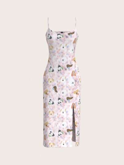 SHEINNeu 7 月 4 日女士、飘逸、塑身衣、秋季、白兰地、青少年服装、性感派对礼服、长裙、休闲、太阳裙、小狗、可爱、粉色、可爱印花