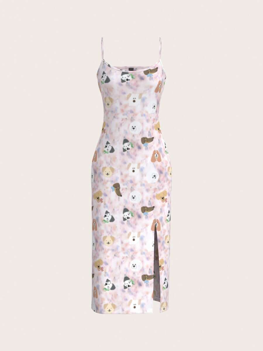 SHEINNeu 7 月 4 日女士、飘逸、塑身衣、秋季、白兰地、青少年服装、性感派对礼服、长裙、休闲、太阳裙、小狗、可爱、粉色、可爱印花