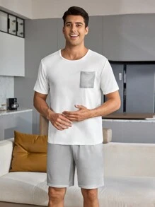 SHEIN 男士色塊極簡短袖T恤和短褲套裝，適用於日常穿著和室內休閒 - 灰色 - 查看 5