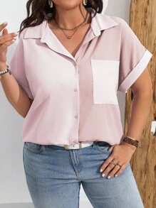 Vionelle Camisa de manga corta diaria sencilla con bloqueo de color para mujer talla grande, para el verano - Rosa - Ver 5