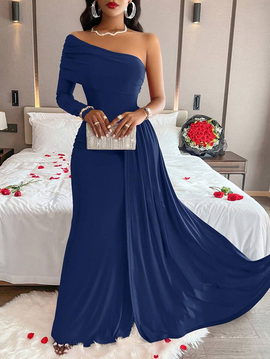 Vestido de manga larga con cuello asimétrico elegante de Amarilo para primavera - Azul Marino - Ver 1