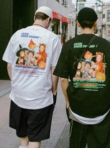 Men's Summer Slogan Character Printed Round Neck Short Sleeve Casual T-Shirt And Drawstring Waist Shorts Set - White - View 1